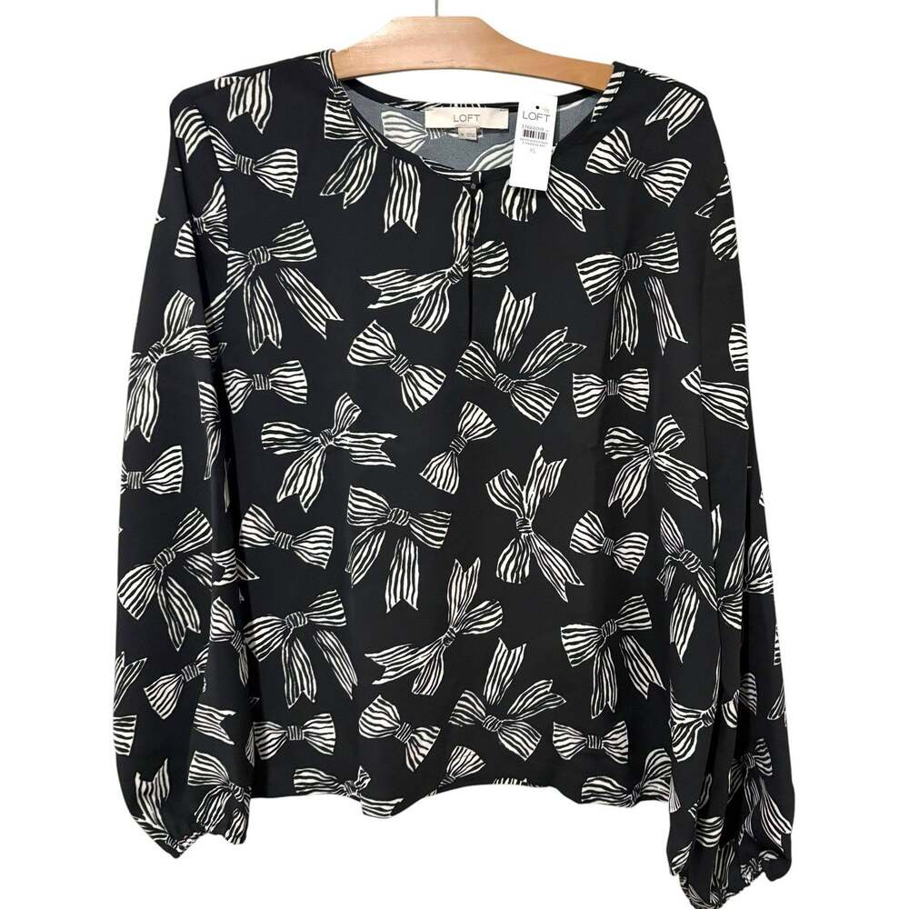 Ann Taylor LOFT | Top Bows Black White Long Sleeve Dressy Work Wear NWT- Size XL
